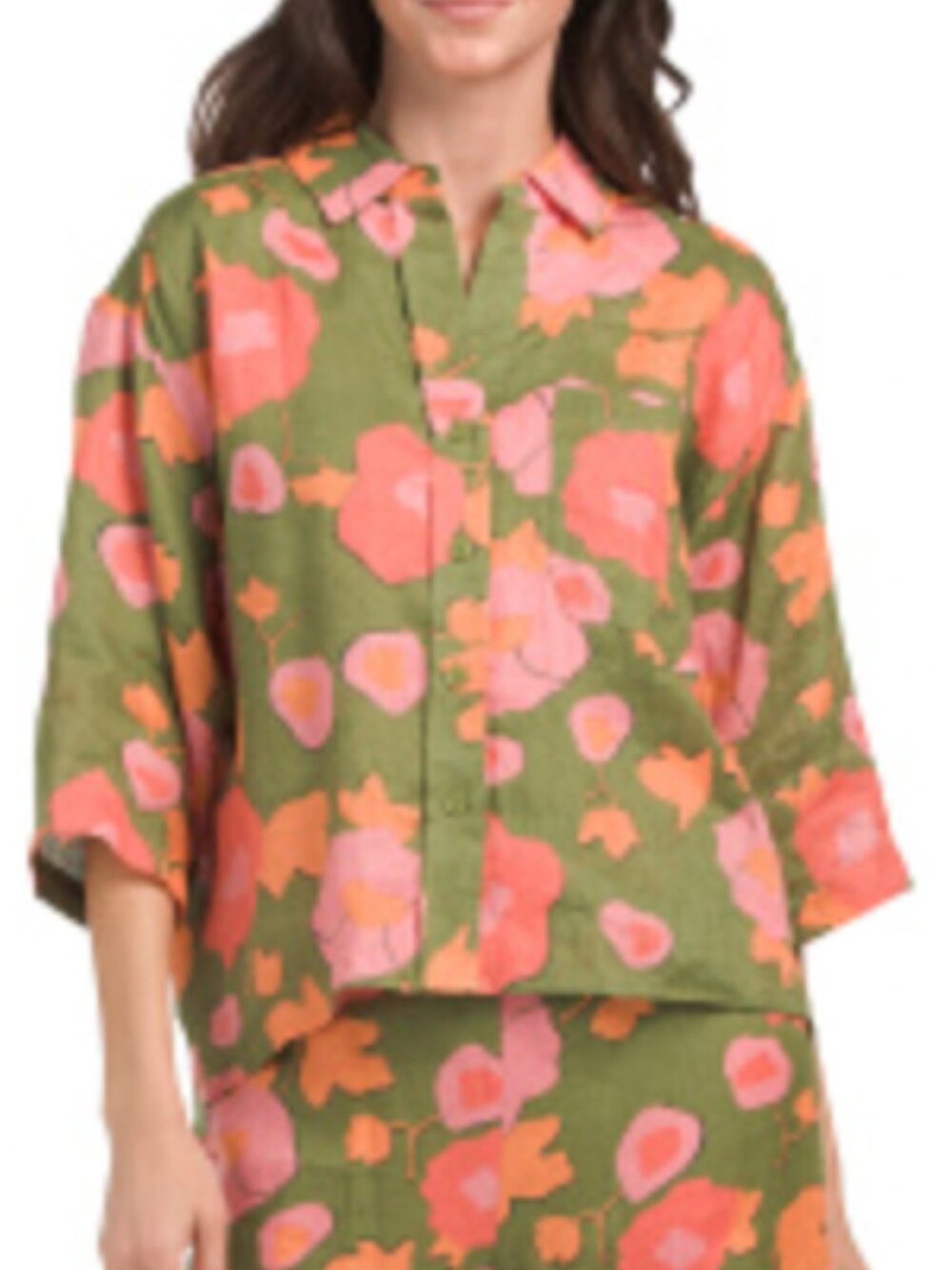 Magaschoni Olive Green Linen Shirt with Pink & Orange Floral Print Size S/P